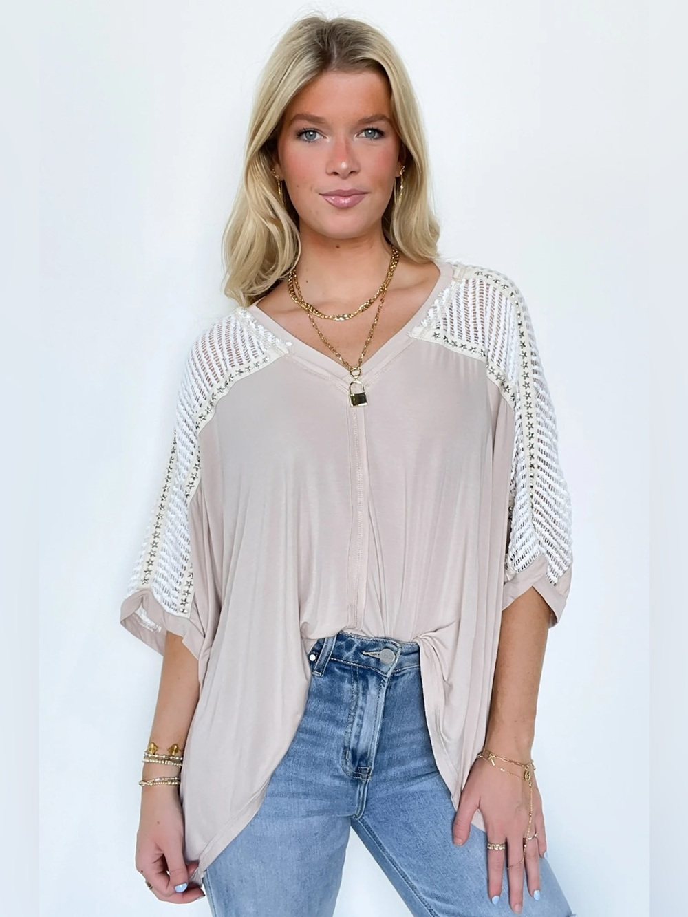 POL Crochet‎ Studded Top in Oatmeal Oversized Jersey Knit Size M